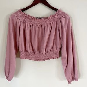 H&M Divided Dusty Rose Cropped Blouse with Elastic Waist and Sleeves Size Small